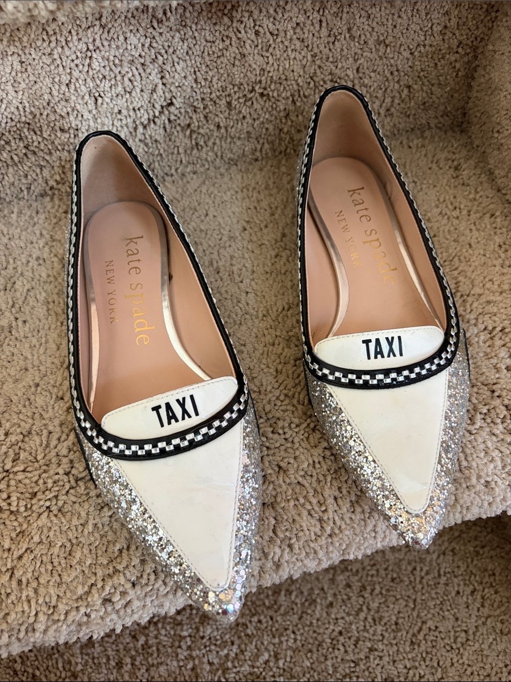 kate spade White, Silver & Black 'TAXI' Pointed Toe Flats